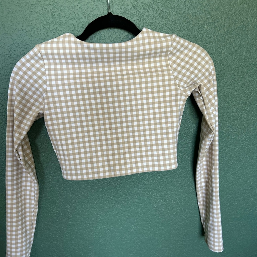 White and Gray Gingham Long Sleeve Crop Blouse